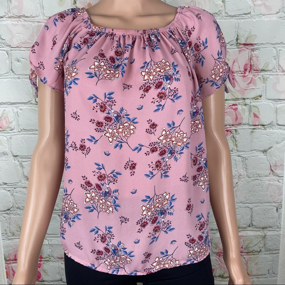Pink Rose Floral Print Off Shoulder Small Blouse - Picture 2 of 8